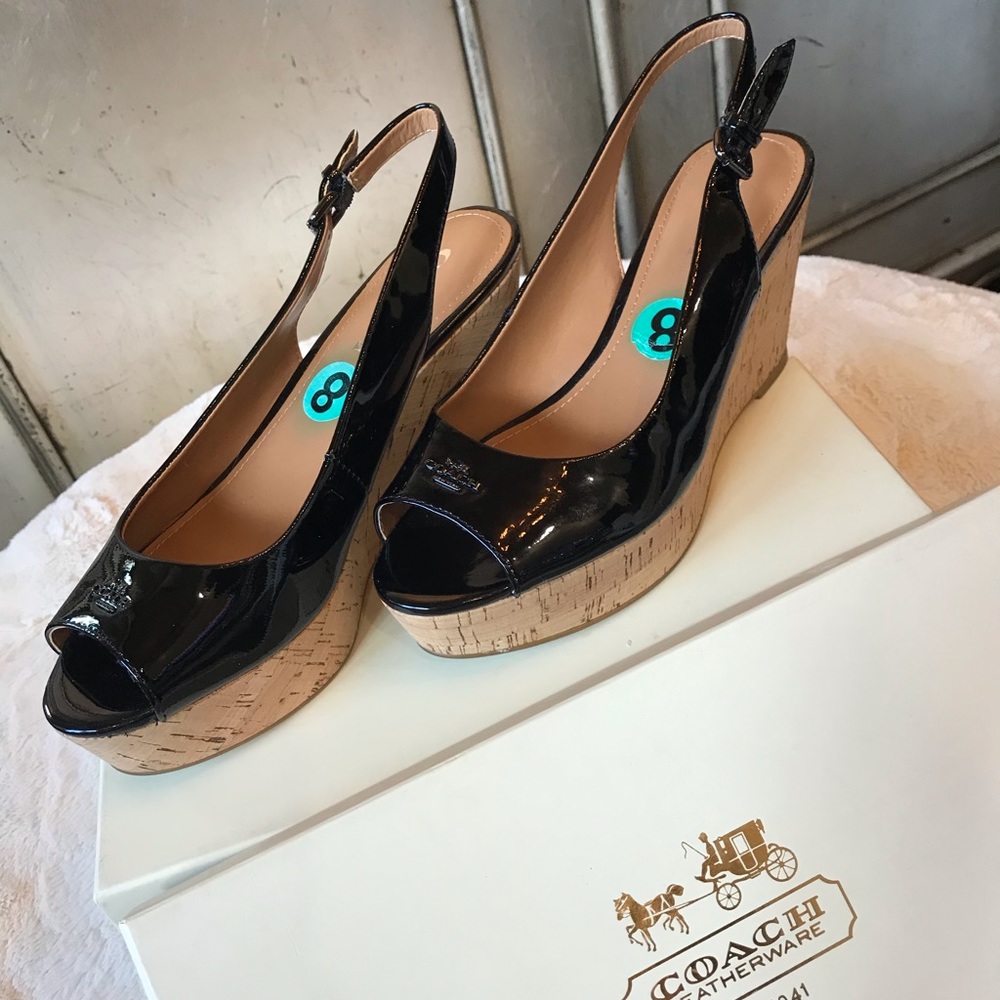 Coach Black Ferry Latent Leather Cork Wedge Sandal